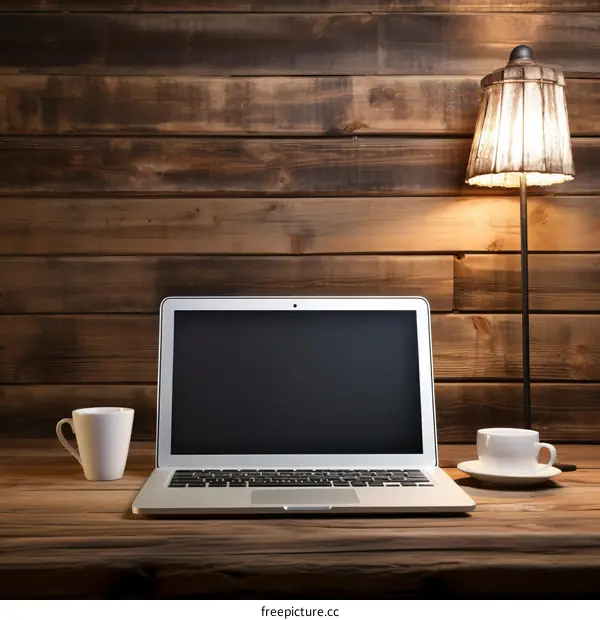 Laptop and Coffee Cups on Wooden Desk
