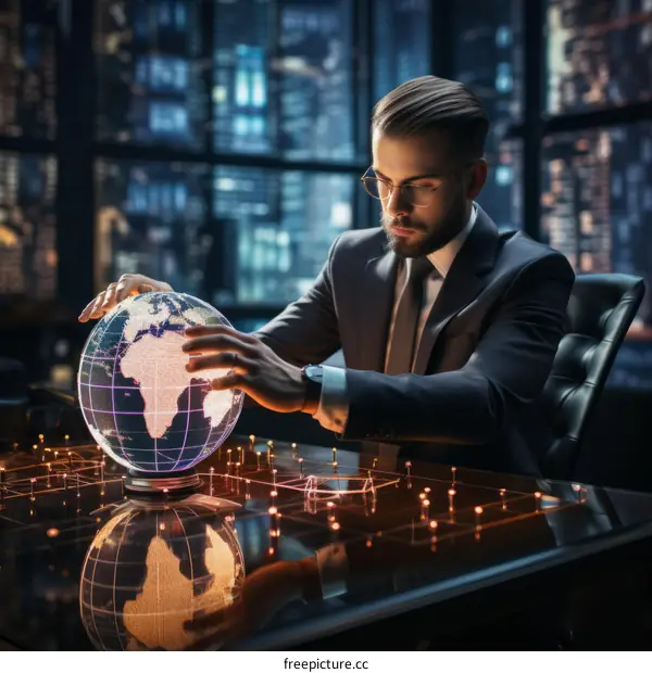 Businessman looking at a glowing globe in his office at night