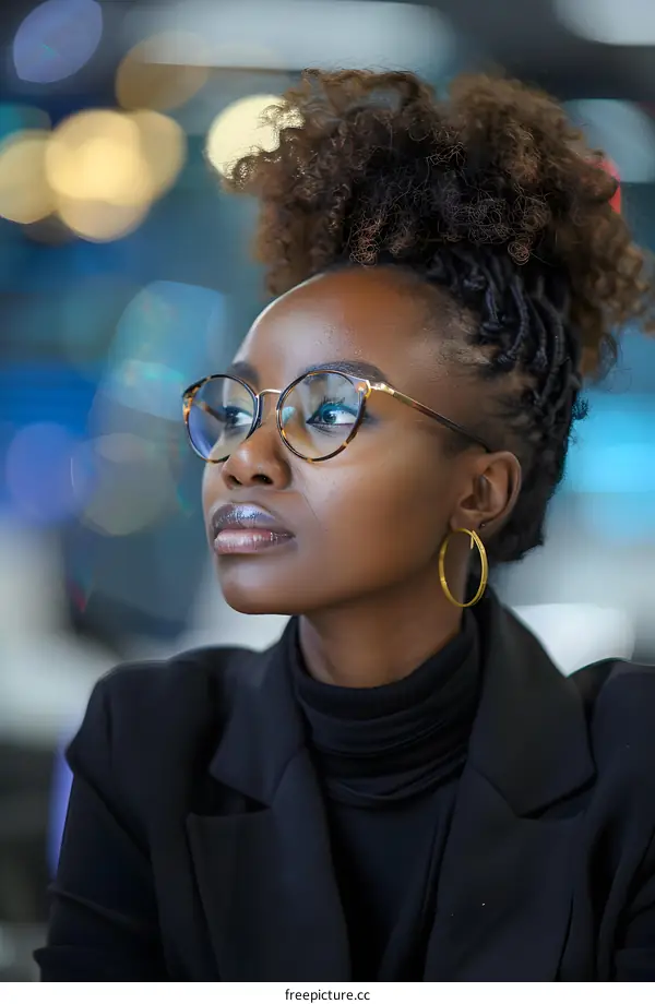 portrait of a young woman wearing glasses and a suit looking away