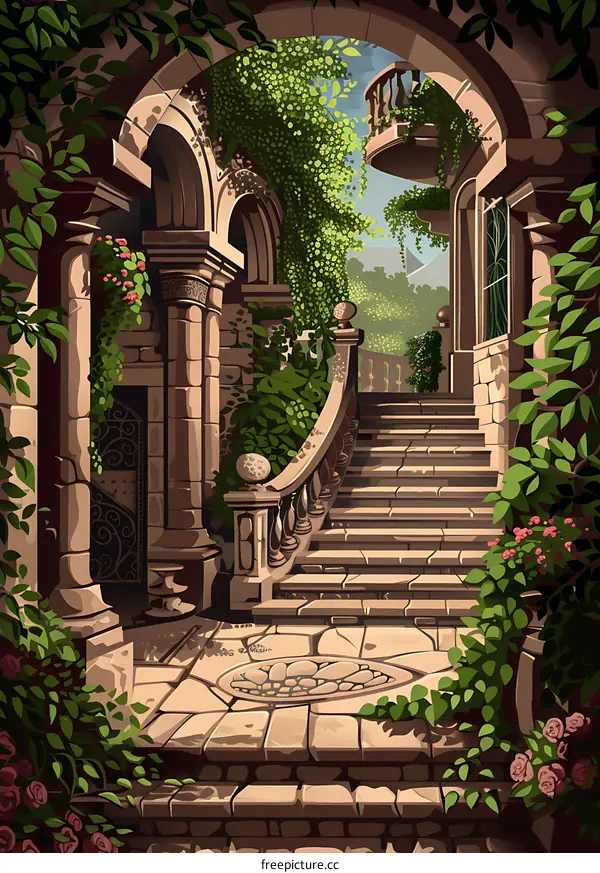 Stone Steps Leading Up To A Garden In A Medieval Castle