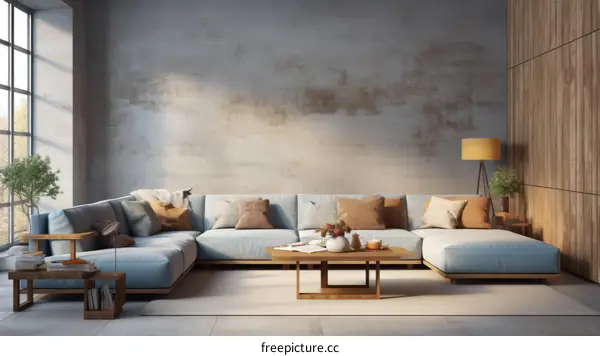 Airy and bright living room with large windows and a comfortable sofa