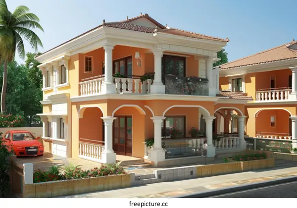 Mediterranean Style House Illustration with Orange Facade