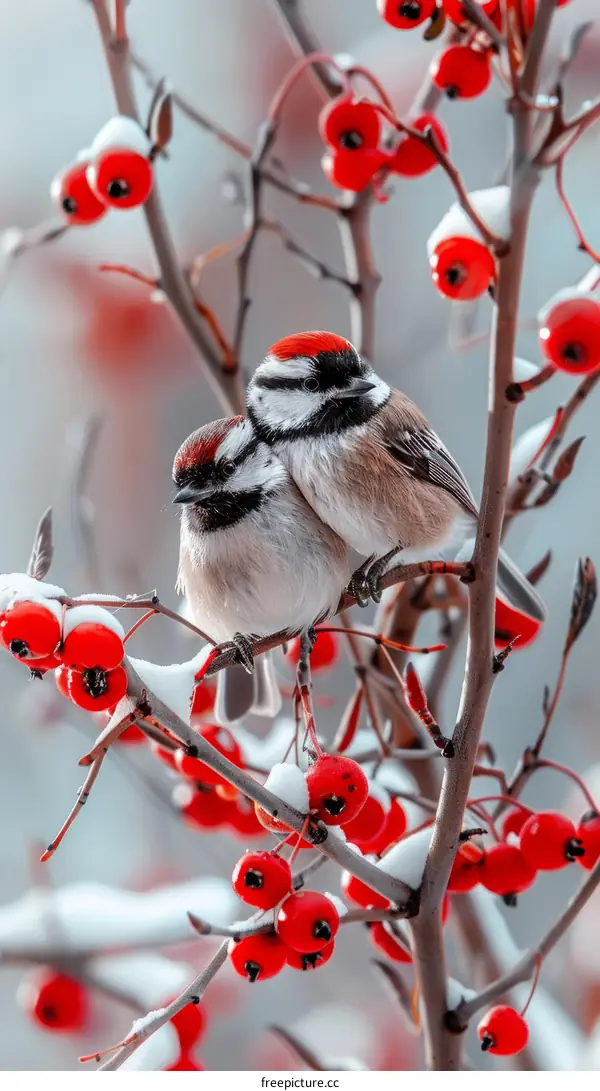 Two Lovebirds Perched on a Branch with Red Berries in the Winter