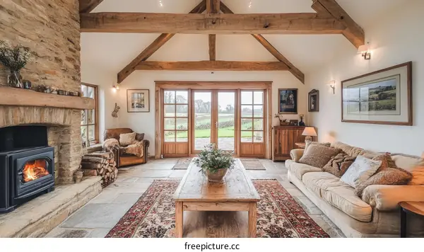 Rustic Living Room with Large Windows and Fireplace