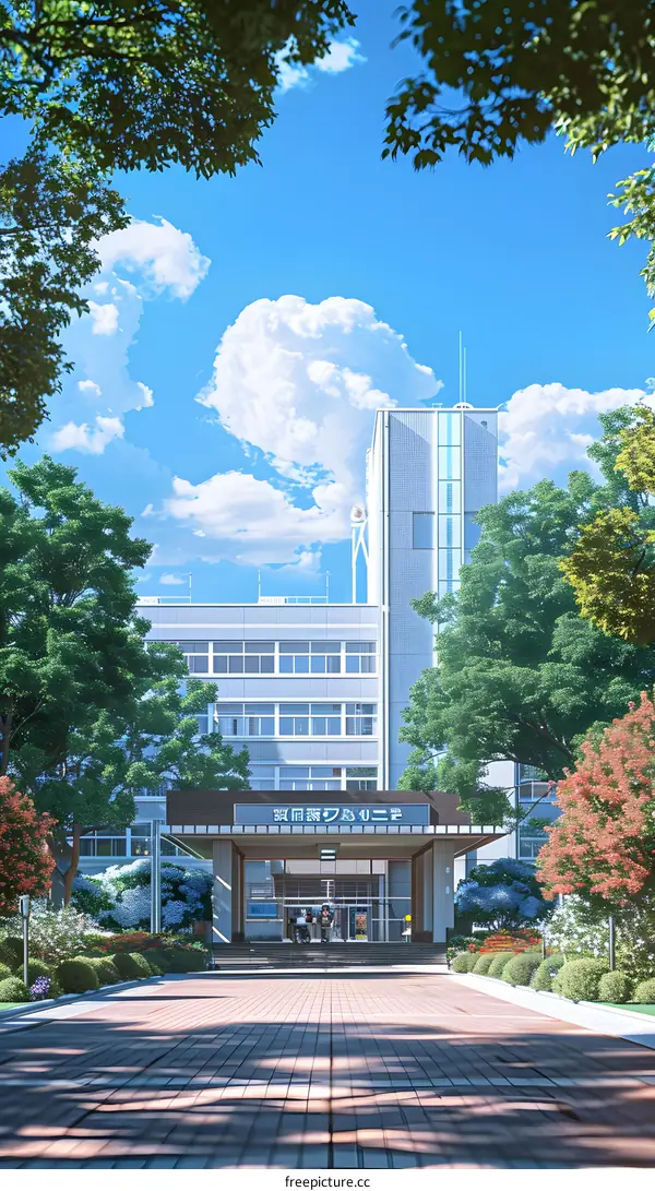 Illustration of a Japanese School Building With Two People