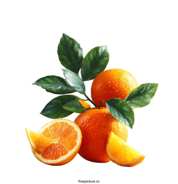 [Transparent Background PNG]Fresh Oranges with Leaves and Slices