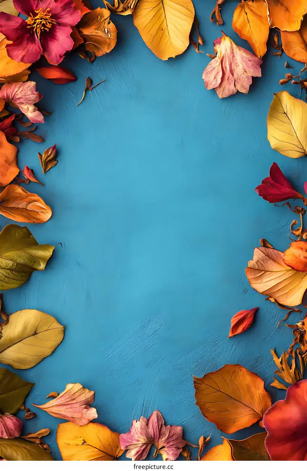 Dried Leaves and Flowers Frame on Blue Background