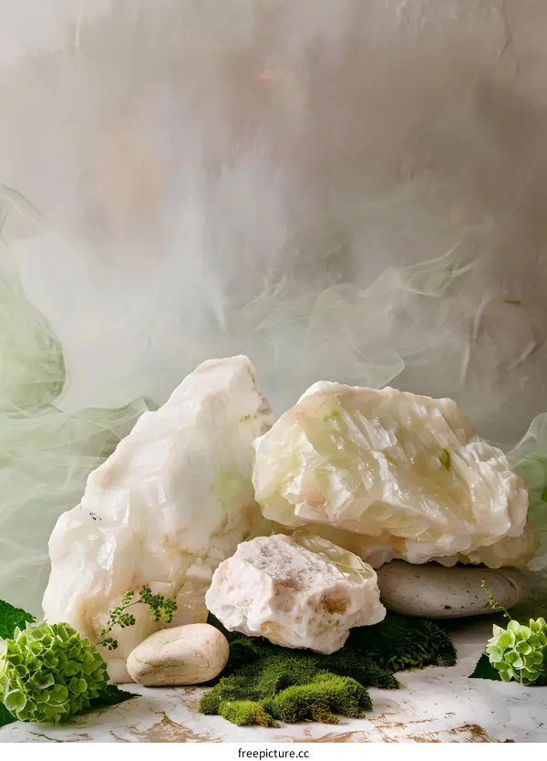 White Minerals And Green Moss On Wooden Surface