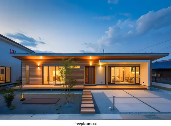 Modern Wooden House with Large Windows and Gravel Yard