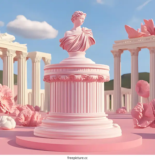 Pink Marble Statue on a Column in a Dreamlike World