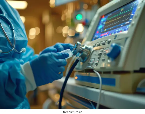 Doctor wearing blue gloves and stethoscope adjusting medical device