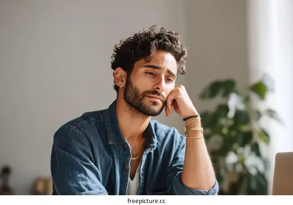 Thoughtful Man in Denim Shirt