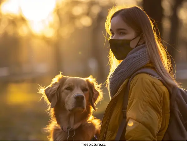 Young woman wearing a mask walking her golden retriever dog at sunset