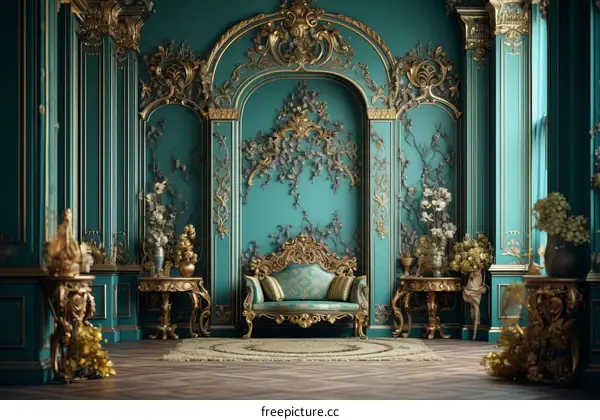 Grand Living Room Interior with Green Furnishings and Gold Accents