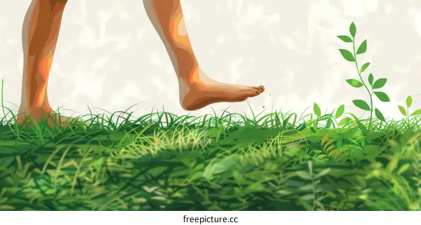 Close-up of a person walking barefoot on green grass