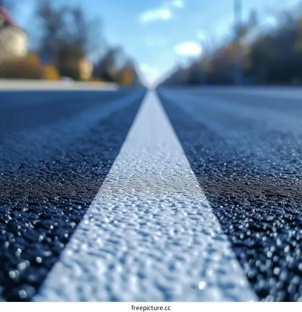 Close up of a white line marking on an asphalt road with blurred background