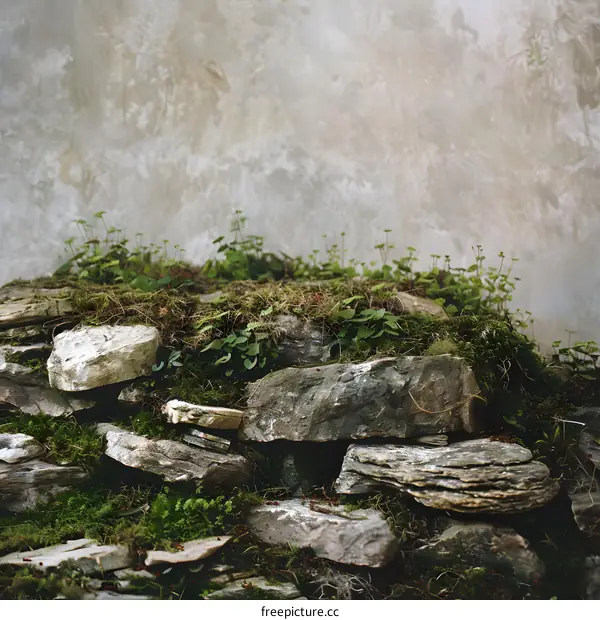 Close Up Of Mossy Stones Against A Weathered Wall