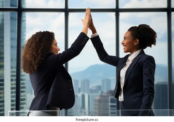Two businesswomen giving each other a high five in celebration of their success