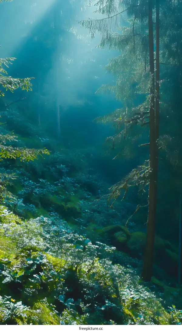 Sunlight Through the Trees in a Misty Forest