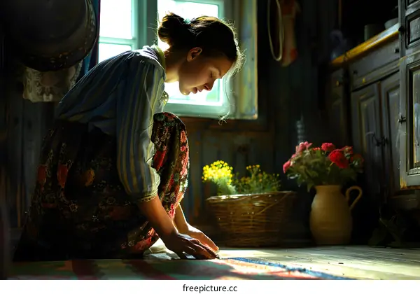 A young woman wearing a traditional dress is sitting on the floor in a rustic house