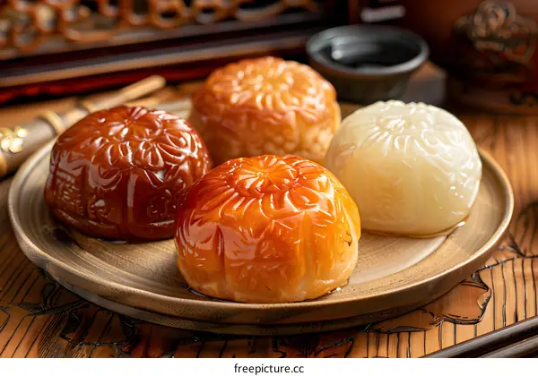 Close Up of Chinese Pastry on a Wooden Plate