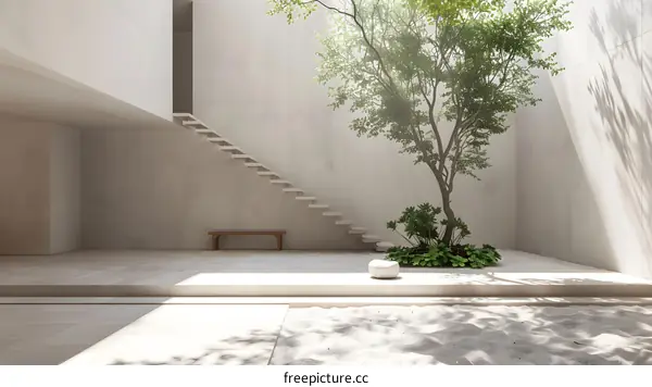 Modern Minimalist Interior Design with Staircase and Zen Garden