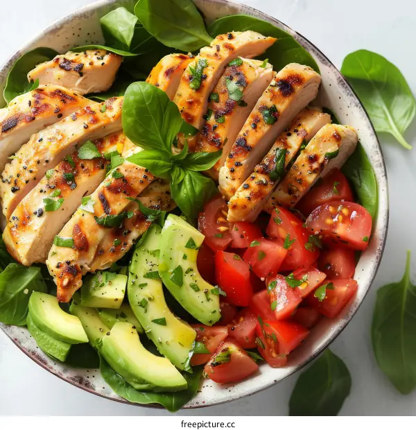 Grilled Chicken Breast Salad with Avocado, Tomato, and Spinach