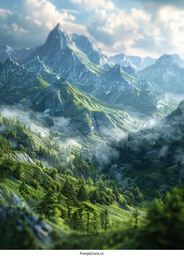 Foggy Mountain Landscape with Lush Green Forest