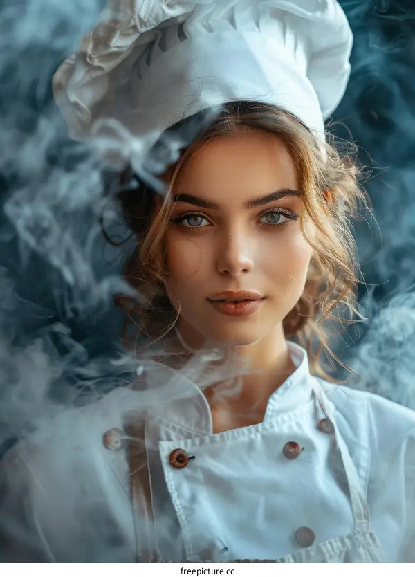 Portrait of a beautiful young female chef in a white toque