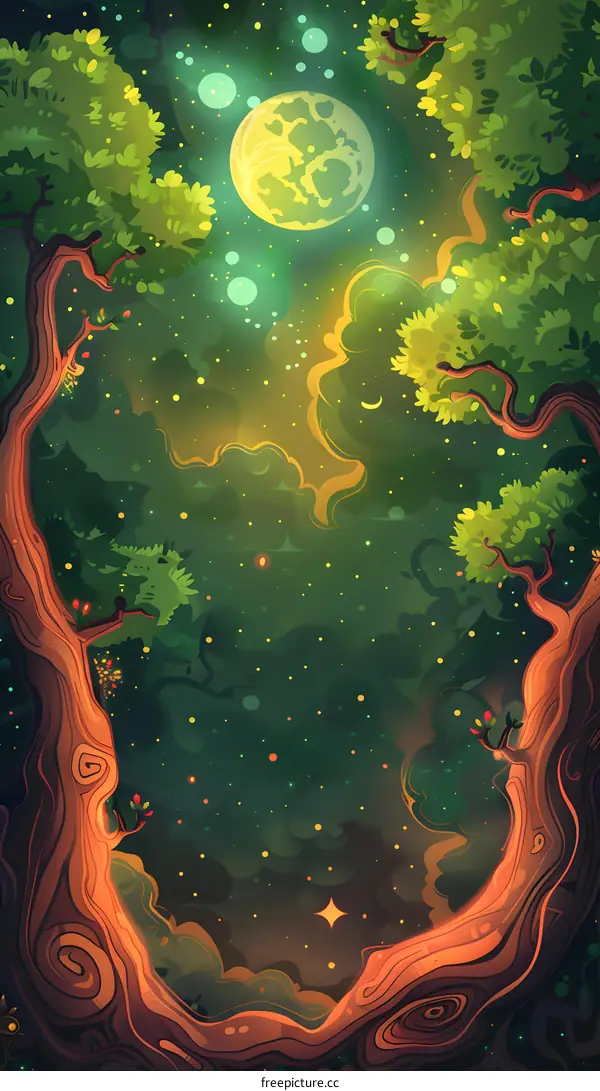 Fantasy Night Sky Forest Illustration with a Full Moon and Stars