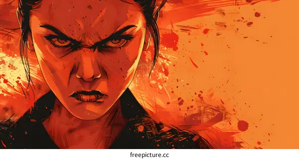 Close up portrait of young woman with brown hair and red eyes looking at camera with serious expression