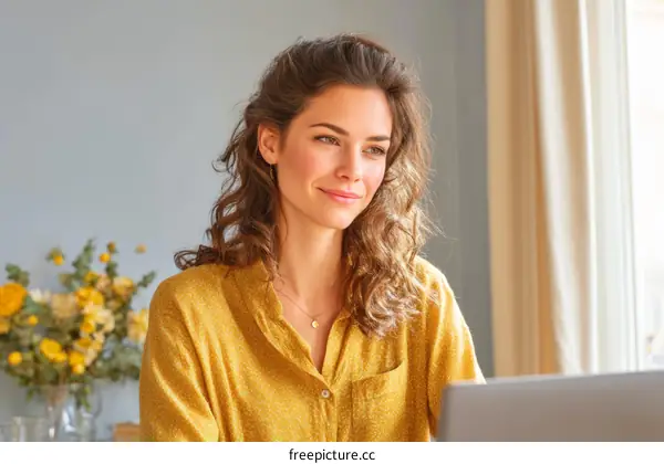 Woman Working on Laptop in Cozy Home Setting