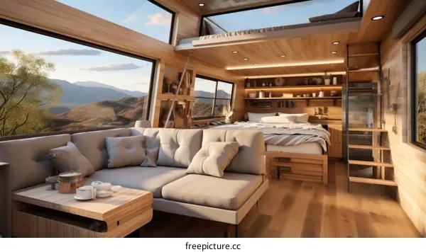 Modern interior of a tiny house on wheels with large windows and a comfortable sofa