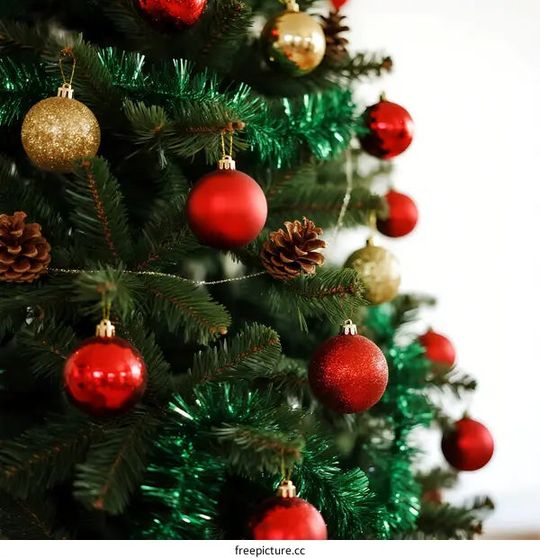 Decorated Christmas Tree with Red and Gold Ornaments