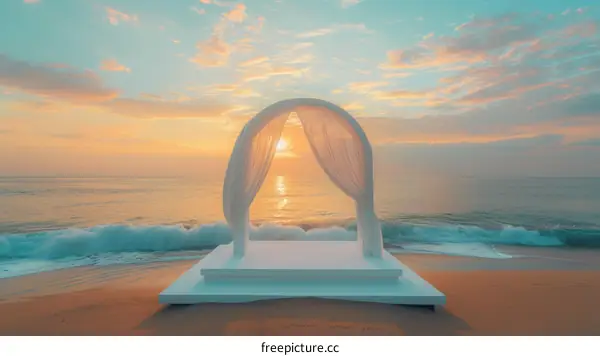 3D rendering of a wedding arch on a beach at sunset
