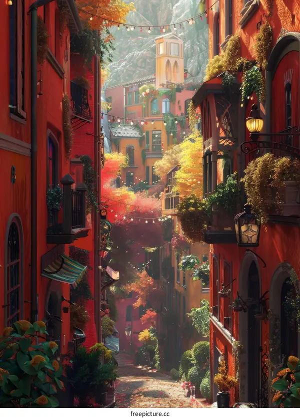 Colorful Autumn Street with Vibrant Houses