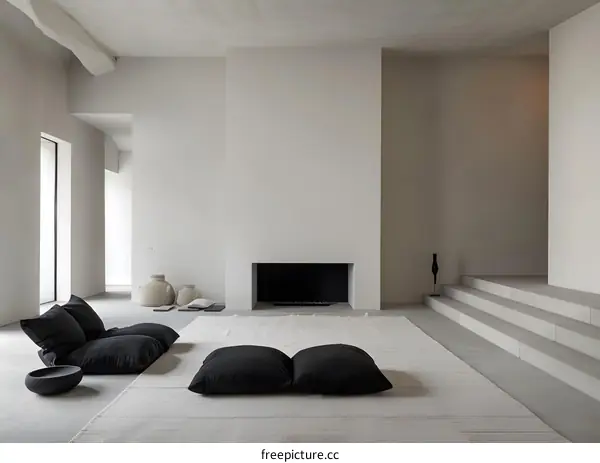 Modern Minimalist Living Room Interior Design with Fireplace and Cushions