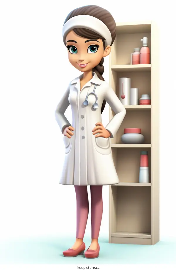 Female Doctor in White Coat Surrounded by Medical Supplies