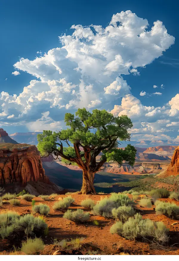 Lone Tree in a Canyon with a Dramatic Sky
