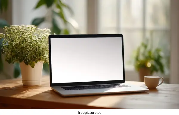 Modern Workspace with Laptop and Plants