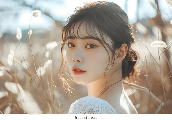 Portrait of a Young Asian Woman with a Gentle Expression in a Field of Tall Grass