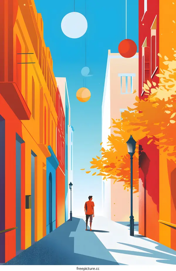 Colorful City Alleyway with a Man Walking Alone