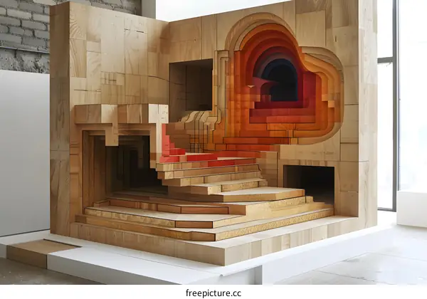colorful wooden sculpture with stairs and an arched opening