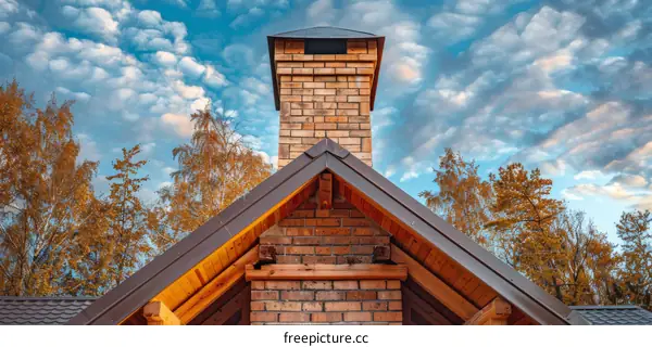 An image of a brick chimney on a house with trees in the background