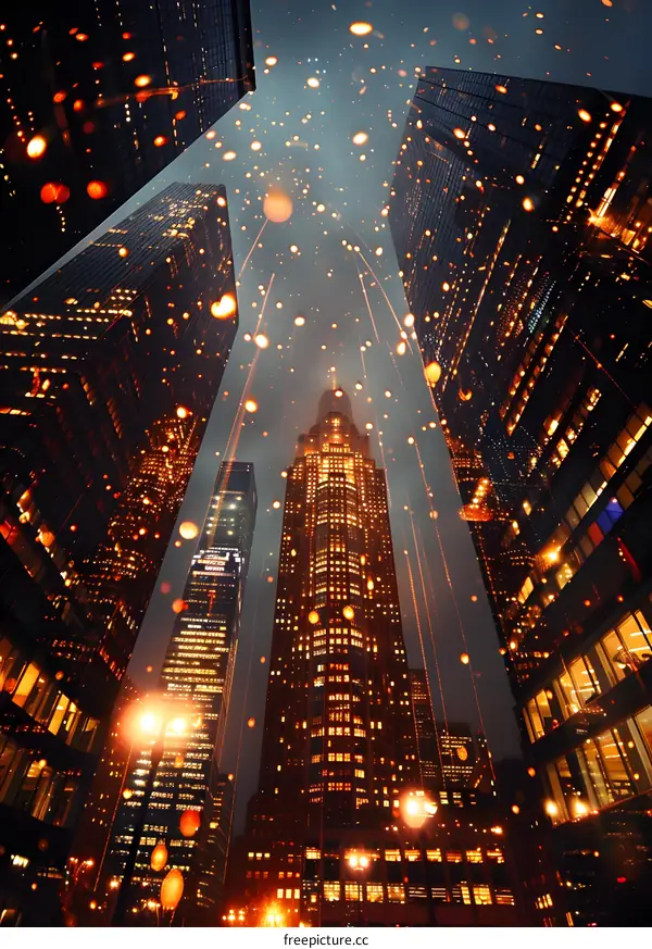Cityscape at Night with Falling Lights