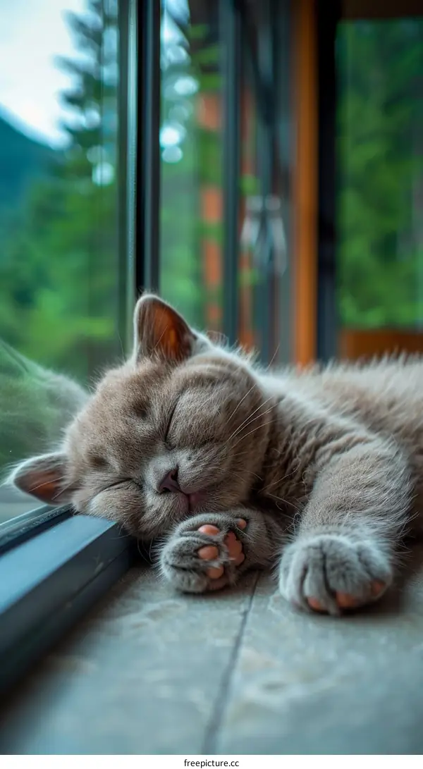 A cute gray cat is sleeping soundly on the floor next to a window.