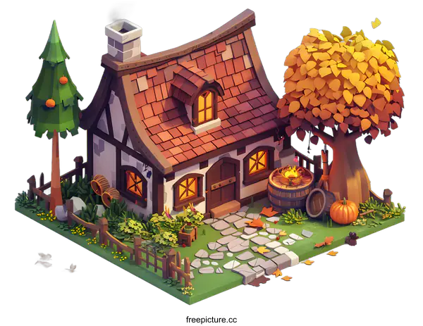 [Transparent Background PNG]Cozy Autumn Cottage with Garden and Fireplace