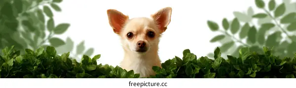 Cute Chihuahua Dog Hiding Behind Green Plants