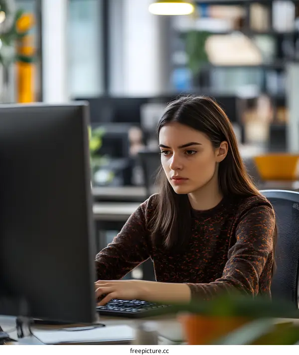 Young Woman Working on Computer in Modern Office