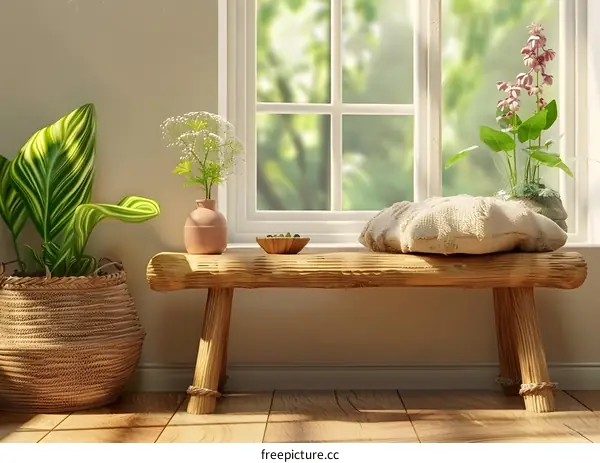Wooden Bench with Plants and Pillow near Window